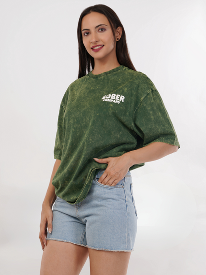 BOTTLE GREEN ACID WASH OVERSIZED T-SHIRT